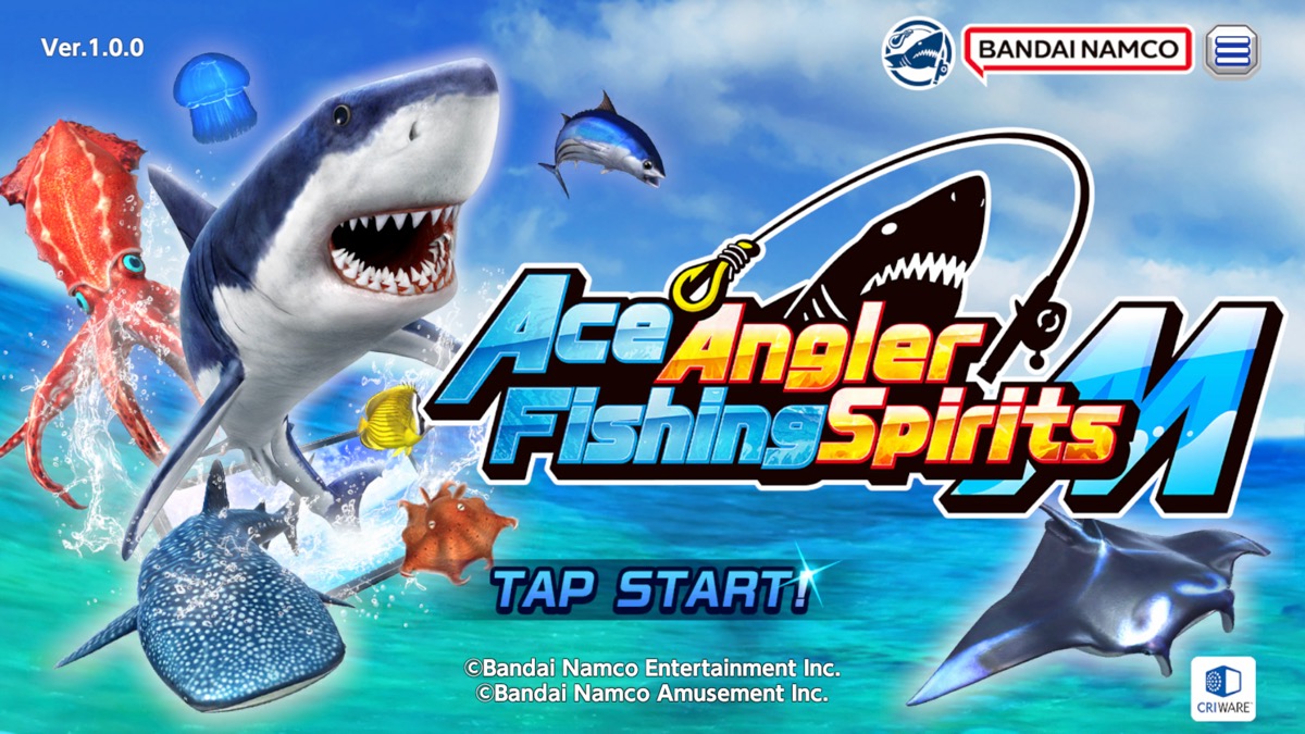 Ace Angler title still with a shark, squid, whale shark, and manta