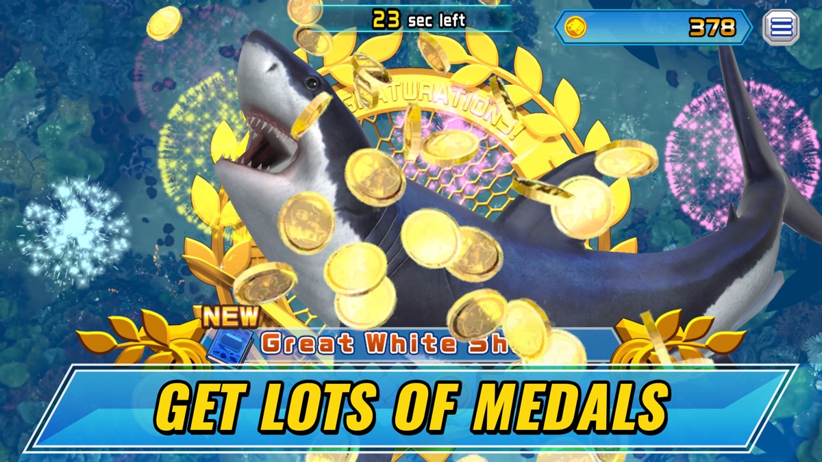 Great white still with medals and a new-entry line